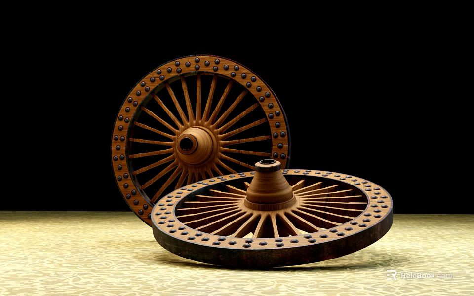 Vintage Wooden Wheels with Spokes and Rivets Displayed on Light Surface Black Background 3d model 