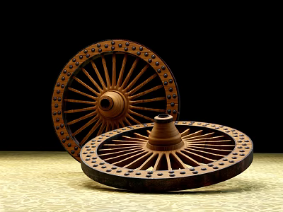 Vintage Wooden Wheels with Spokes and Rivets Displayed on Light Surface Black Background 3d model