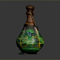 Decorative Green Yellow Glass Bottle With Brown Wooden Stopper And Glowing Vine Patterns