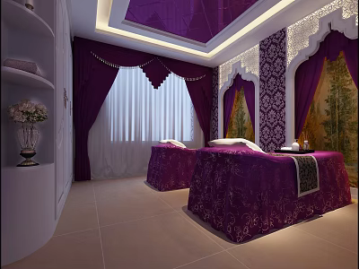 Elegant SPA Sauna Interior Design With Purple Decor Patterned Walls And Massage Beds 3d model