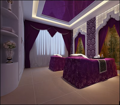 Elegant SPA Sauna Interior Design With Purple Decor Patterned Walls And Massage Beds 3d model
