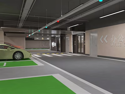 Modern Office Parking Lot With Green Floor White Lines Parked Car And Bright Lighting 3d model