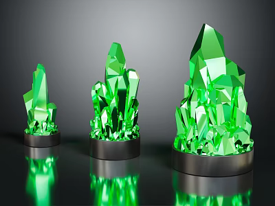 Three Green Crystal Like Decorative Pieces On Black Reflective Bases 3d model