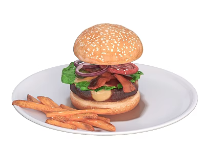 Burger Featuring Sesame Bun Lettuce Onion Bacon Cheese Patty And Sweet Potato Fries 3d model