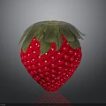 Red Strawberry With Green Leaves And Glossy Textured Surface On Dark Background
