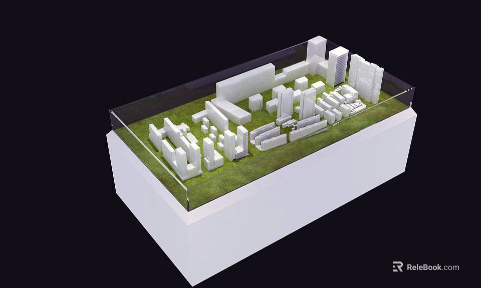Commercial Building Model Display Equipment Featuring White Structures Transparent Case And Green Turf 3d model 