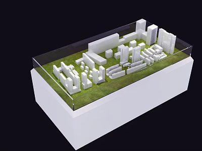 Commercial Building Model Display Equipment Featuring White Structures Transparent Case And Green Turf 3d model