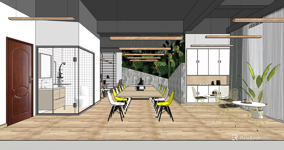 Public Office Space Design With Long Table Yellow Chairs Green Plant Wall And Wooden Flooring 3d model 