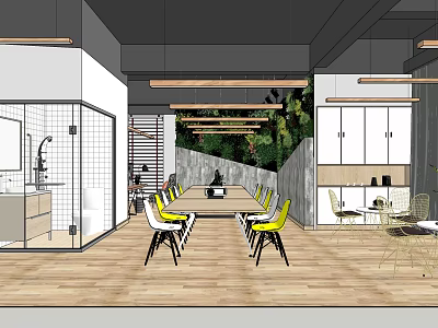 Public Office Space Design With Long Table Yellow Chairs Green Plant Wall And Wooden Flooring 3d model