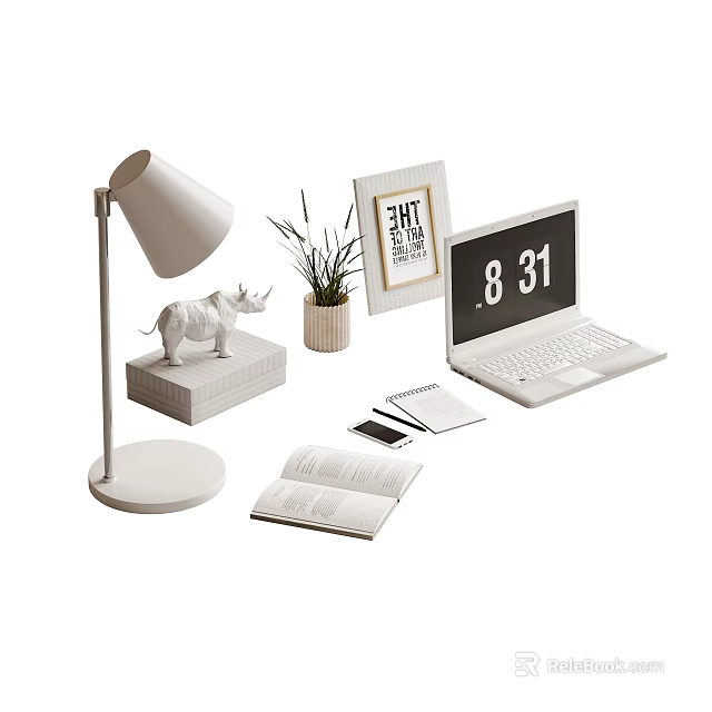 Stylish Desk Setup With Lamp Rhino Figurine Plant Frame Laptop And Books 3d model 