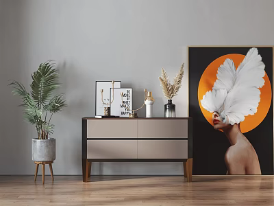 Stylish Console Table With Palm Plant Picture Frames And Dried Floral On Wooden Floor 3d model
