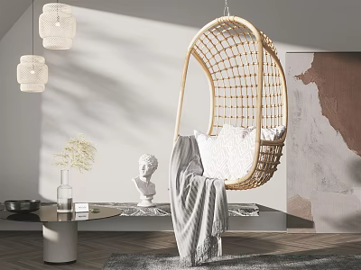 Rattan Hanging Chair in Modern Living Room With White Cushion Gray Blanket and Pendant Lights 3d model