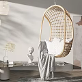 Rattan Hanging Chair in Modern Living Room With White Cushion Gray Blanket and Pendant Lights