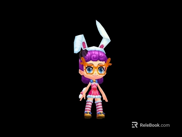 Cartoon Game Character With Purple Hair Rabbit Ears Orange Glasses And Pink White Striped Outfit 3d model 