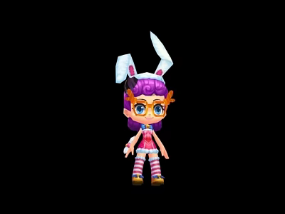 Cartoon Game Character With Purple Hair Rabbit Ears Orange Glasses And Pink White Striped Outfit 3d model
