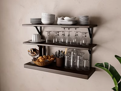 Wall Mounted Shelf With Dinner Plates Bowls Glasses Bread Basket And Utensils 3d model