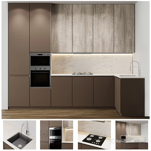 Modern Kitchen Cabinets With Wooden Brown Texture Countertop And Sink 3d model 