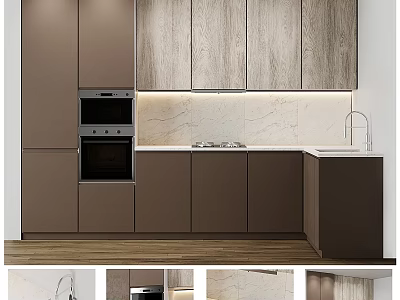 Modern Kitchen Cabinets With Wooden Brown Texture Countertop And Sink 3d model