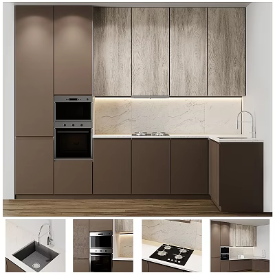 Modern Kitchen Cabinets With Wooden Brown Texture Countertop And Sink 3d model