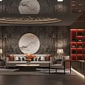 Elegant Lobby Interior Design With Luxurious Sofa Marble Coffee Table And Wooden Bookshelf