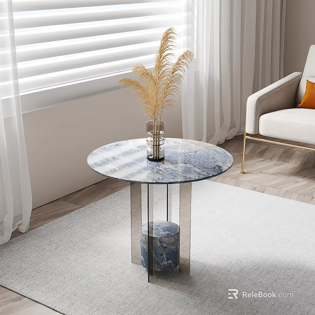 Modern Minimalist Round Side Table With Marble Top Metal Base In Living Room Sofa Curtains 3d model 
