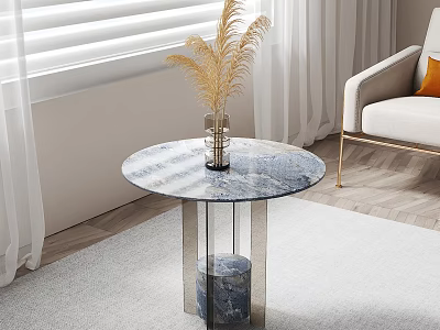 Modern Minimalist Round Side Table With Marble Top Metal Base In Living Room Sofa Curtains 3d model