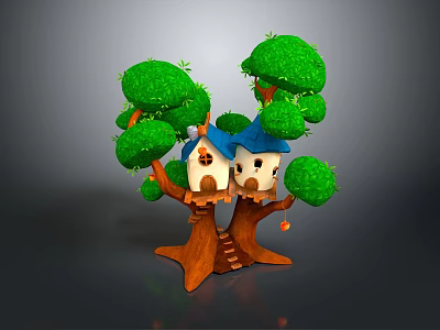 Playful Cartoon Treehouse Scene Featuring Green Leafy Trees Little Houses and Brown Trunks 3d model