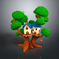 Playful Cartoon Treehouse Scene Featuring Green Leafy Trees Little Houses and Brown Trunks