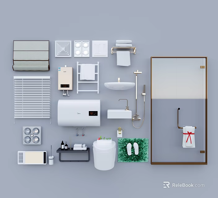 Modern Complete Bathroom Set With Toilet Sink Water Heater Towel Rack Mirror And Shelf 3d model 