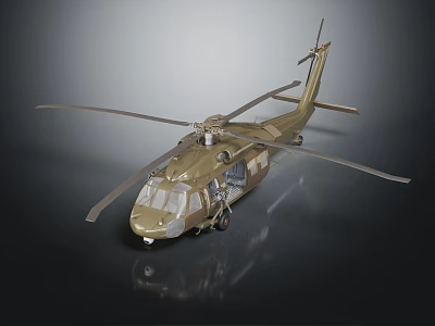 Brown Utility Helicopter With Large Rotors Side Windows And Reflection On Dark Surface 3d model