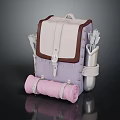 Purple Brown Camping Backpack with Pink Roll Mat and Silver Utensil Holder
