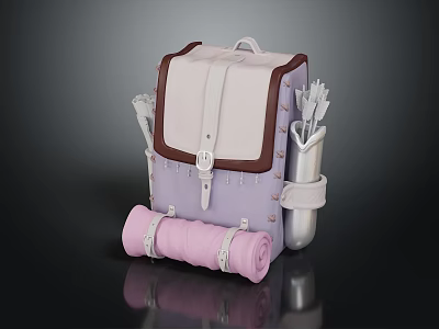 Purple Brown Camping Backpack with Pink Roll Mat and Silver Utensil Holder 3d model