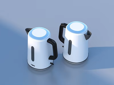 Two Modern White Electric Kettles With Blue Tops And Black Handles For Kitchen Use 3d model