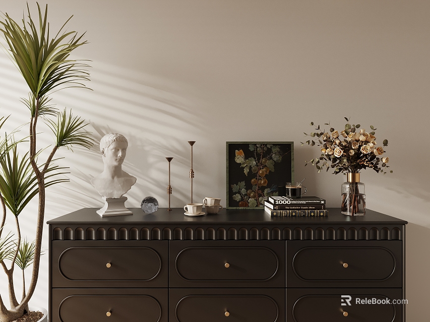 Decorative Ornament Combination Featuring Dark Dresser White Bust Candle Holders Floral Bouquet And Palm Plant 3d model 