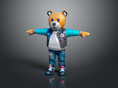 Cute Teddy Bear Doll In Blue Jacket And Jeans With Arms Outstretched 3d model