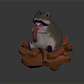 Playful Raccoon With Sausage In Mouth Sitting On Red Geometric Blocks