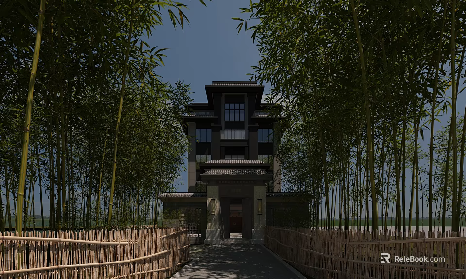 Traditional Chinese Style Detached Villa Surrounded By Bamboo Grove With Pathway Entrance 3d model 
