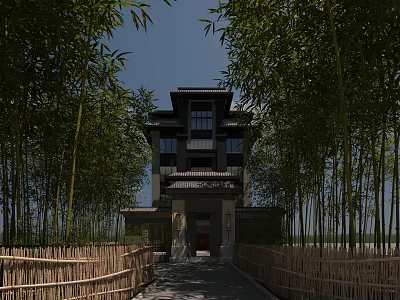 Traditional Chinese Style Detached Villa Surrounded By Bamboo Grove With Pathway Entrance 3d model