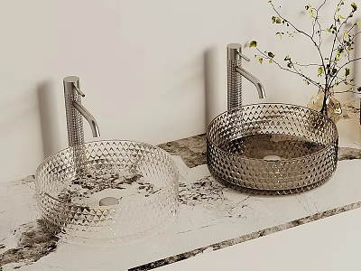 Modern Textured Glass Washbasins With Metallic Faucets And Decorative Plant On Patterned Countertop 3d model