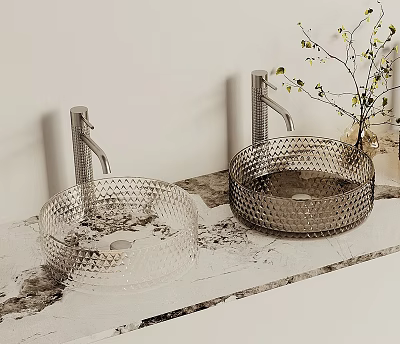 Modern Textured Glass Washbasins With Metallic Faucets And Decorative Plant On Patterned Countertop 3d model