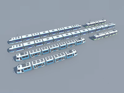 Modern Electric Tram Models with Various Designs and Lengths Arranged Together 3d model