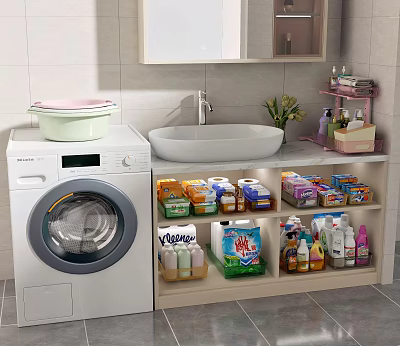 Bathroom Cabinet Shelf With Sink Washing Machine Green Basin and Laundry Supplies on Tiled Wall 3d model