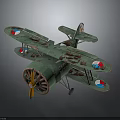 Vintage Green Biplane Model with Red Blue Markings and Yellow Propeller in Space Aviation