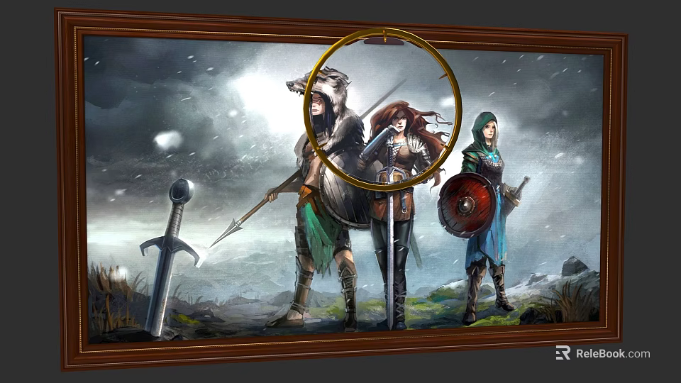 Fantasy Warriors With Swords Shields Spear And Magnifying Glass In Snowy Scene 3d model 