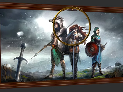 Fantasy Warriors With Swords Shields Spear And Magnifying Glass In Snowy Scene 3d model