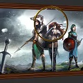 Fantasy Warriors With Swords Shields Spear And Magnifying Glass In Snowy Scene