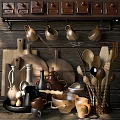 Rustic Wooden Kitchen Utensils Collection With Hanging Cups Cutting Boards And Spoons On Wood Wall