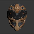 Futuristic Mechanical Helmet With Intricate Brown Black Design And Turquoise Accents