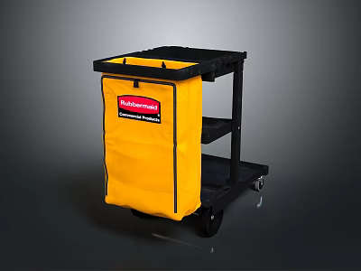 Rubbermaid Cleaning Cart Featuring Yellow Storage Bag Black Shelves and Wheels 3d model
