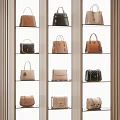 Stylish Leather Handbags In Various Colors Displayed On Glass Shelves